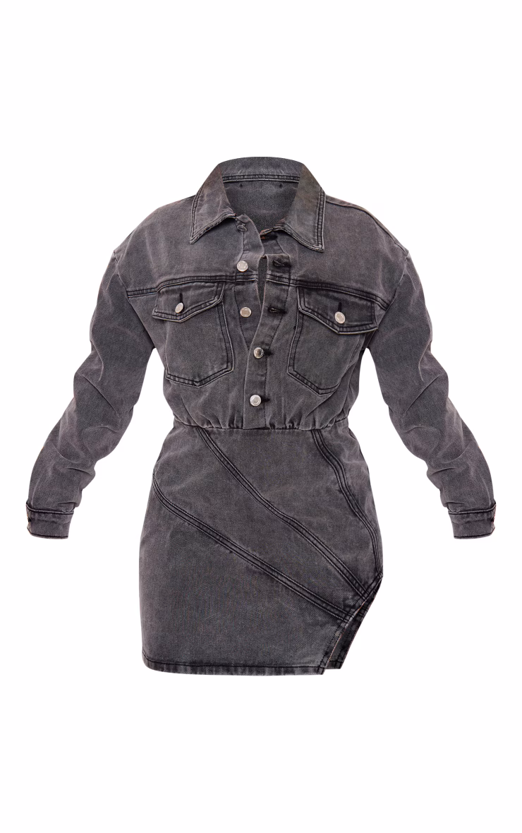 Washed Grey Seam Detail Curved Hem Denim Mini Dress