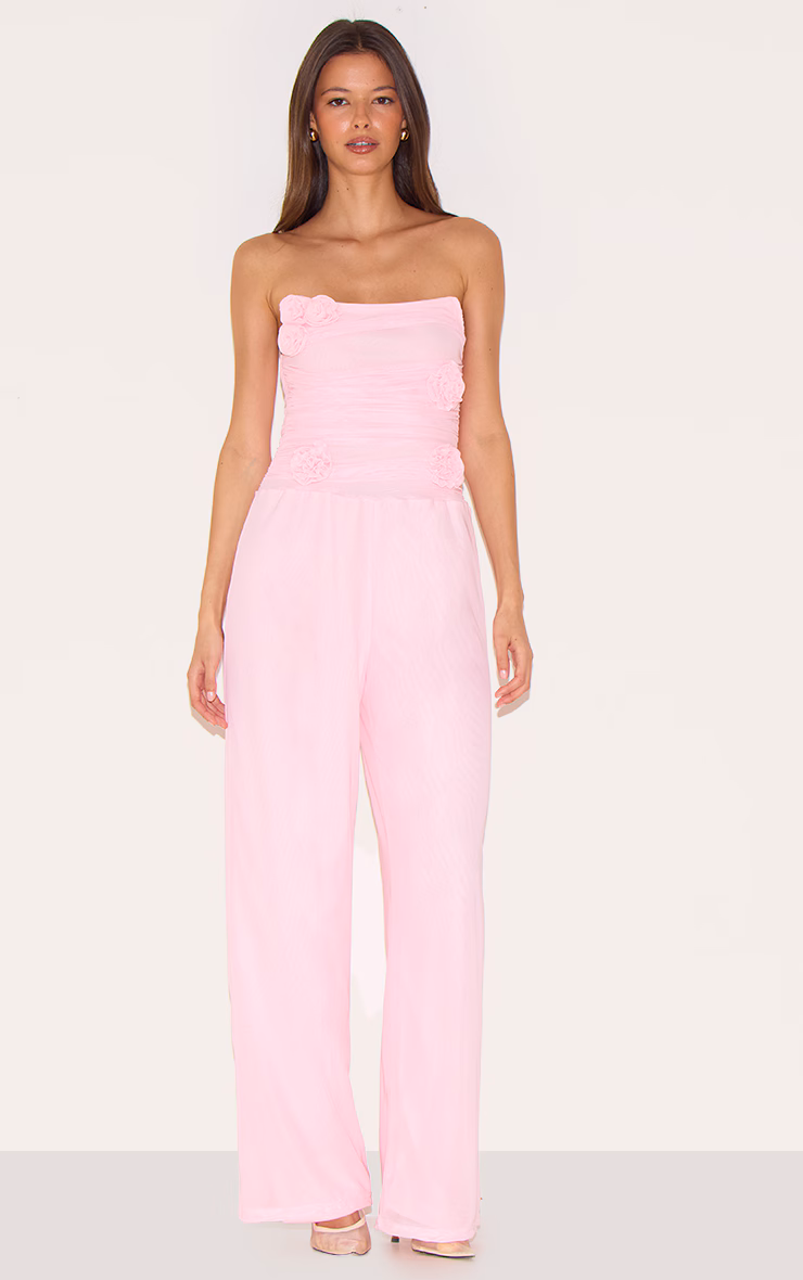 Pale Pink Mesh Overlay Bandeau Rose Applique Jumpsuit