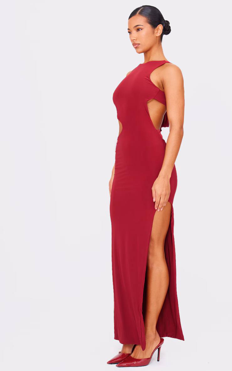 Burgundy Double Layer Slinky Tie Back Maxi Dress