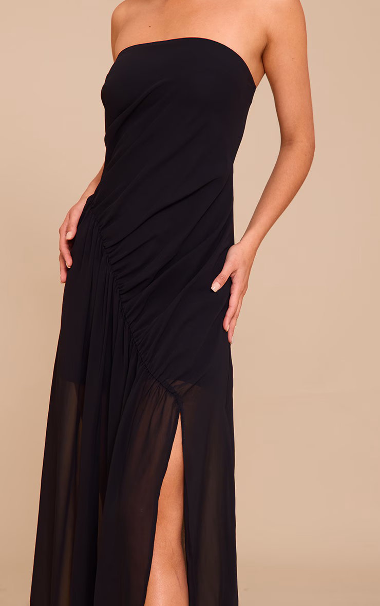 Black Double Layer Mesh Bandeau Asymmetric Ruching Maxi Dress