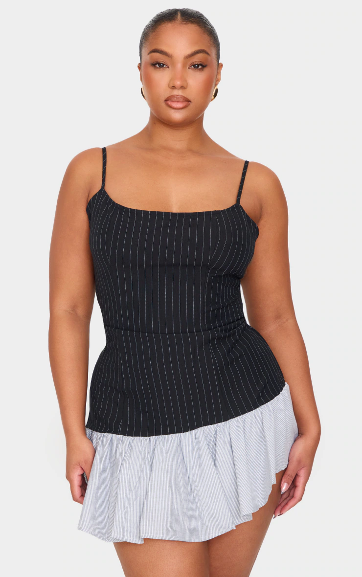 Plus Black Contrast Pinstripe Frill Hem Shift Dress
