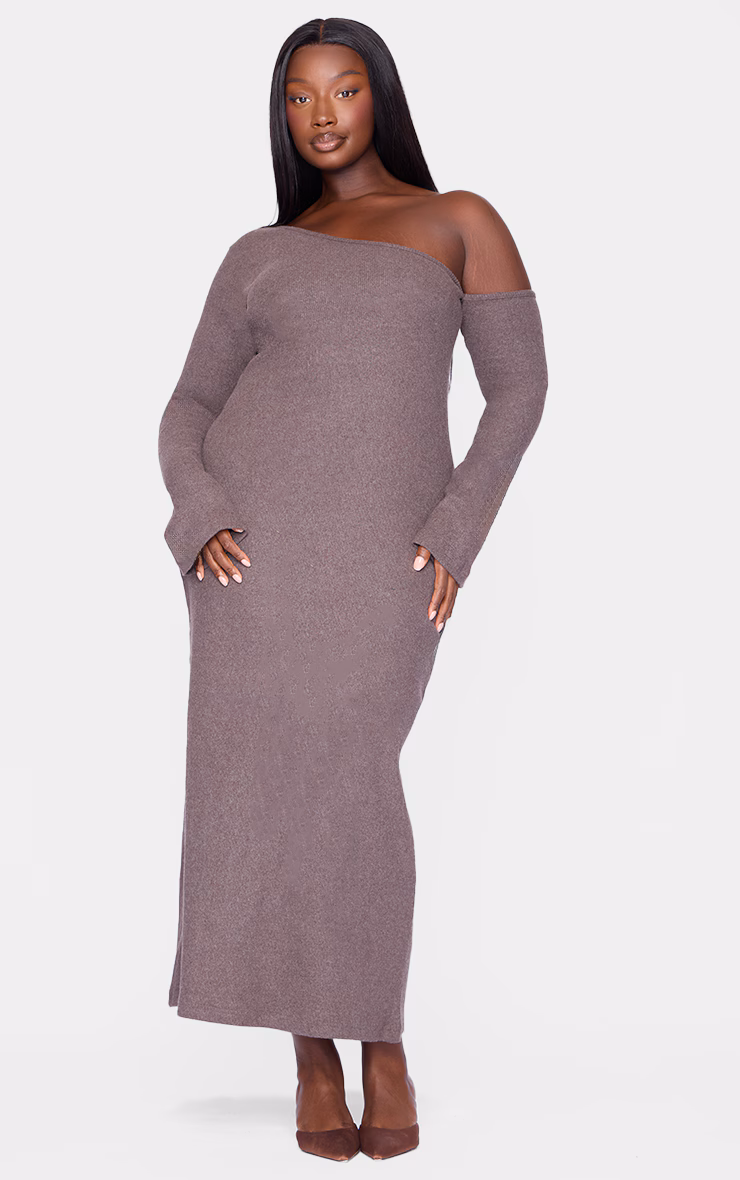 Plus Chocolate Heavy Brushed Asymmetric Ruched Maxi Dress