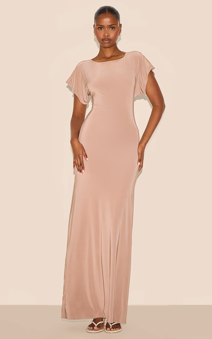 Beige Double Layered Slinky Ruched Short Sleeve Maxi Dress