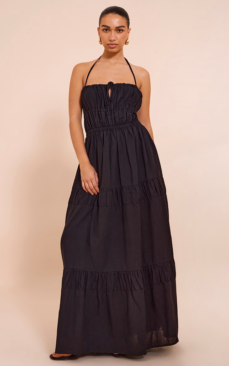 Black Ruched Backless Strappy Maxi Dress