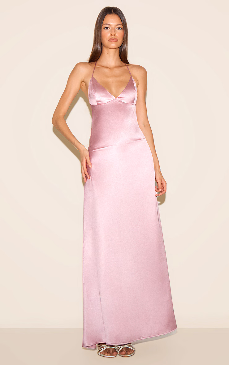 Pink Satin Low Back Maxi Slip Dress