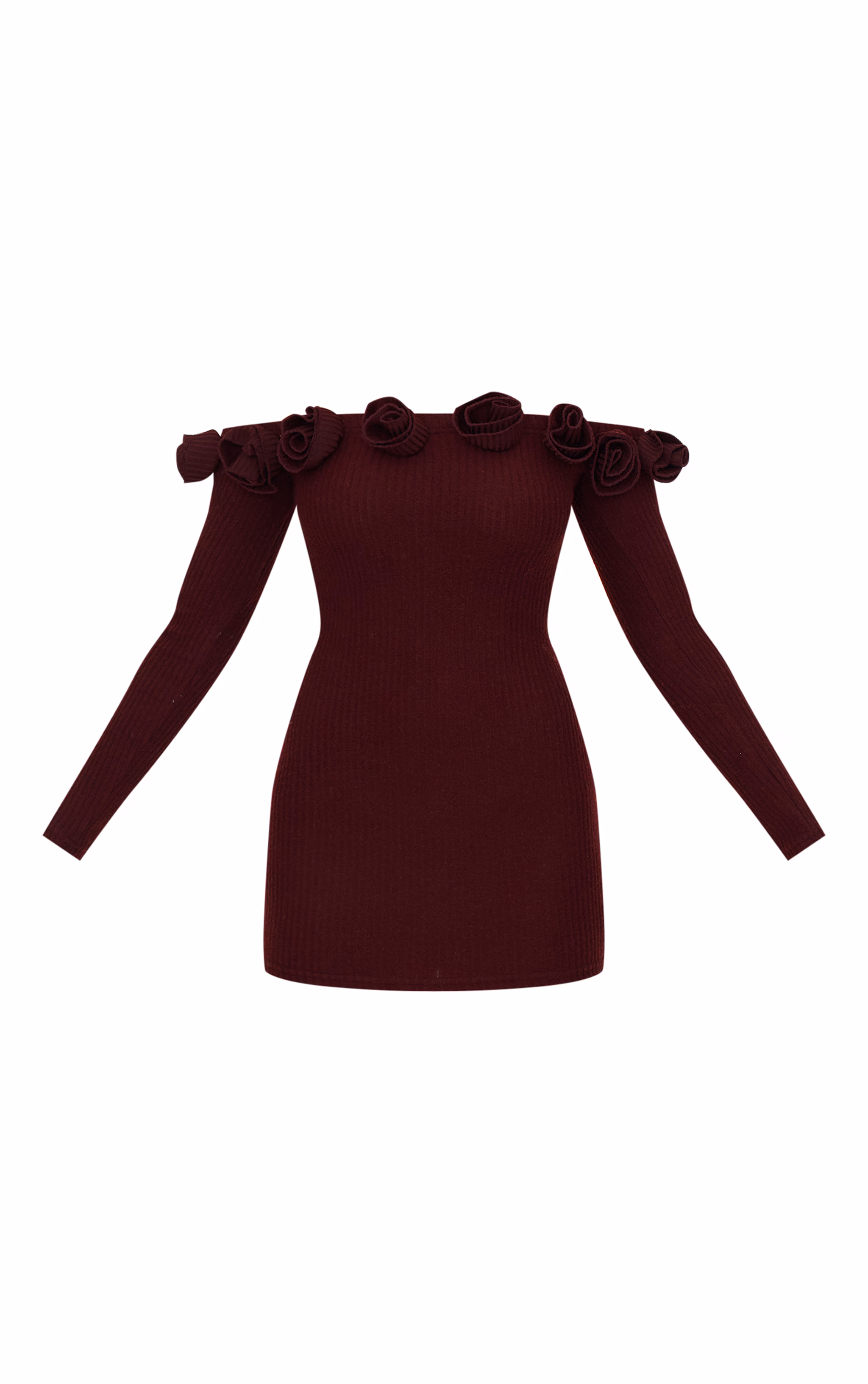 Chocolate Brushed Rib Corsage Detail Bardot Bodycon Dress