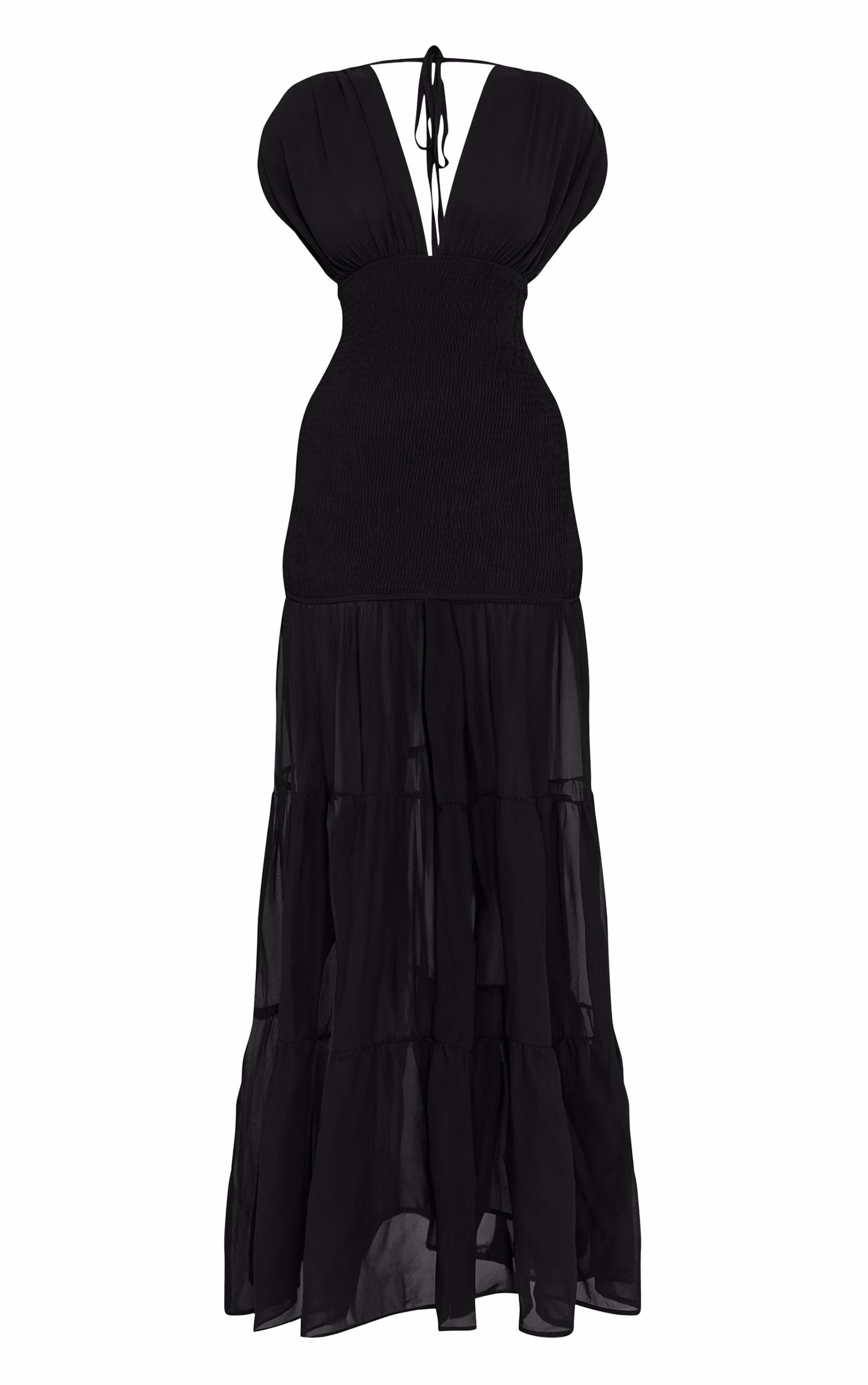 Black Chiffon Shirred Tiered Maxi Dress
