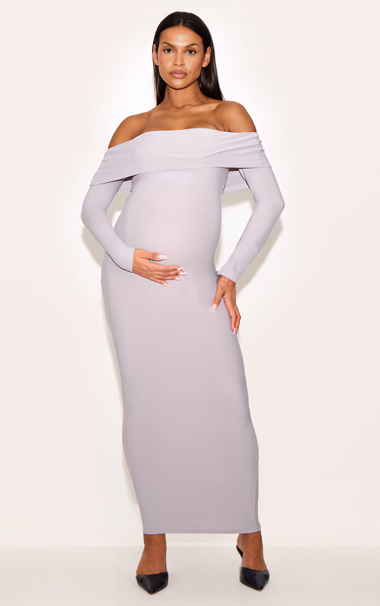 Maternity Light Grey Soft Touch Fold Over Bardot Maxi Dress
