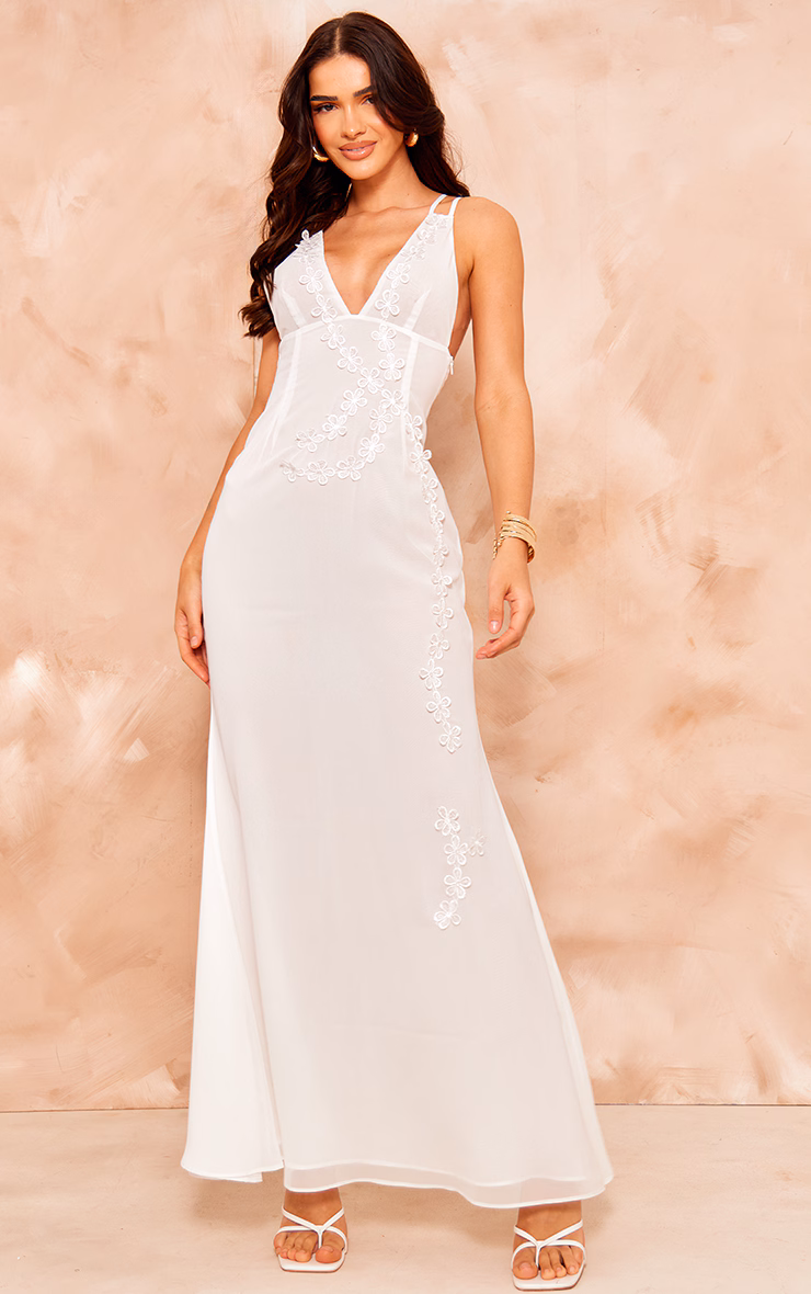 White Chiffon Floral Detail Maxi Dress