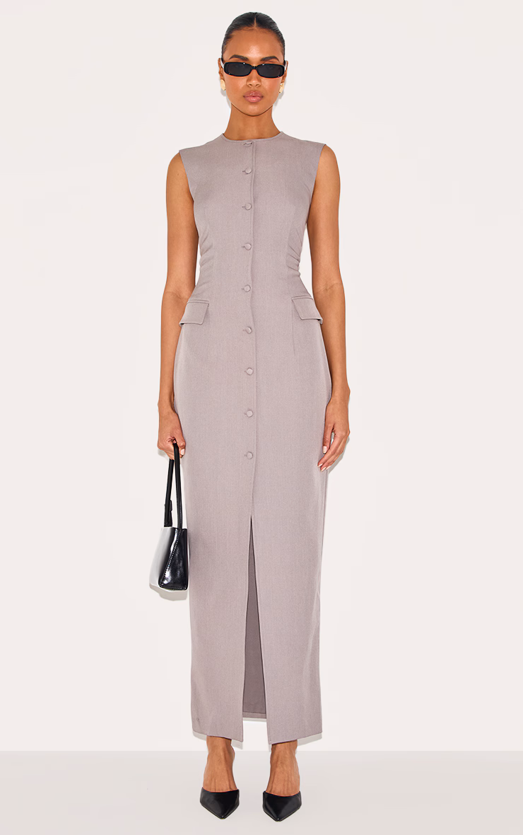 Grey Woven Button Maxi Dress