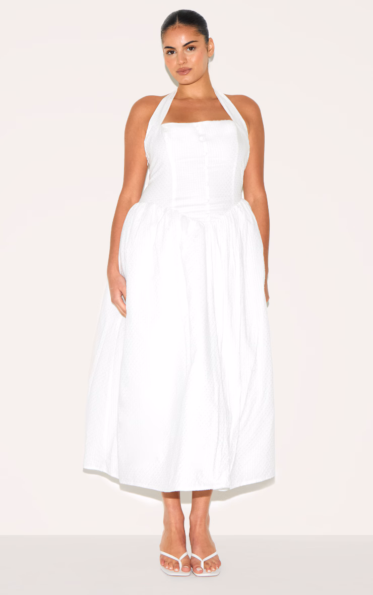 Plus White Embroidered Cotton Halterneck Midaxi Dress
