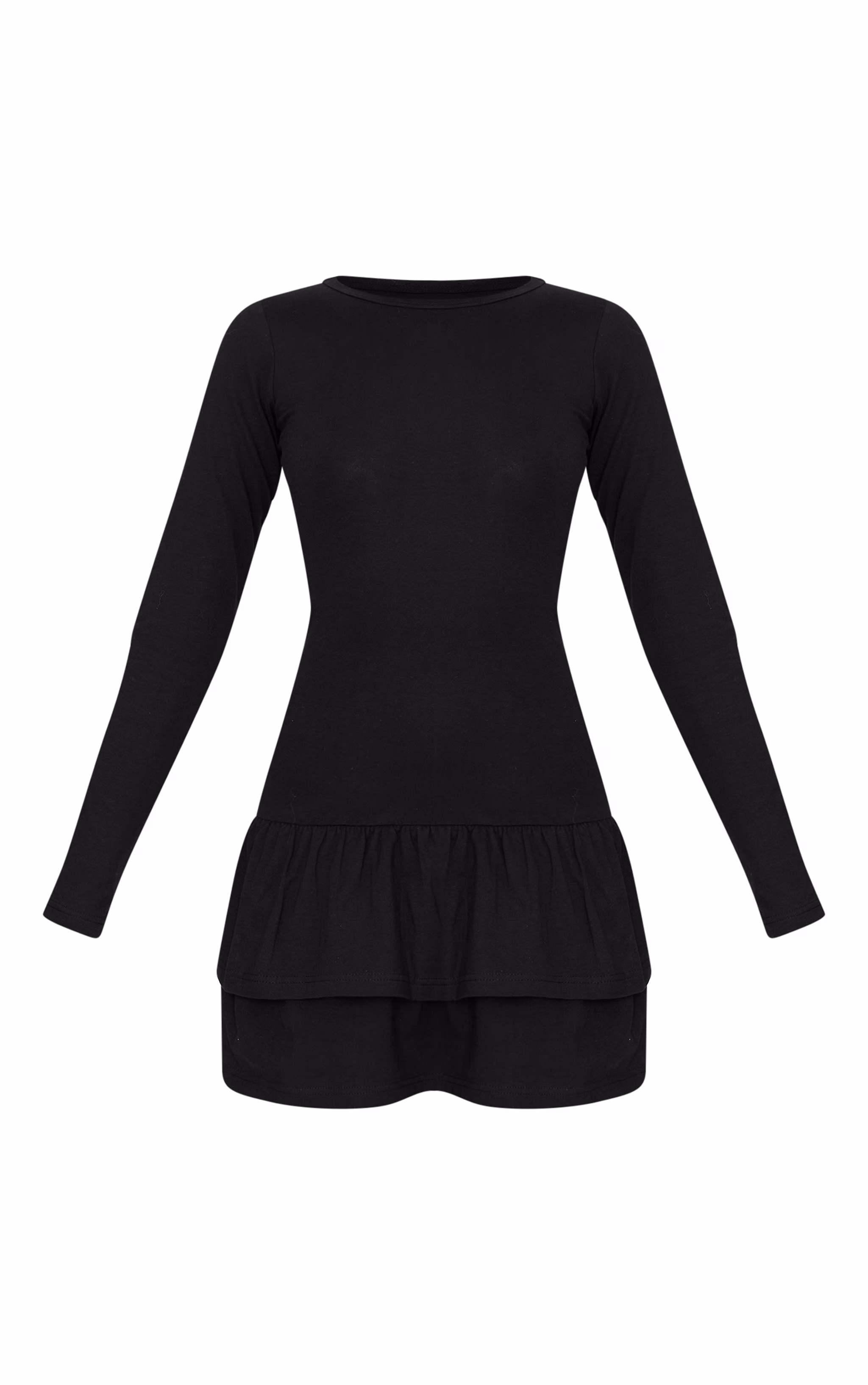 Black Cotton Long Sleeve Tiered Shift Dress