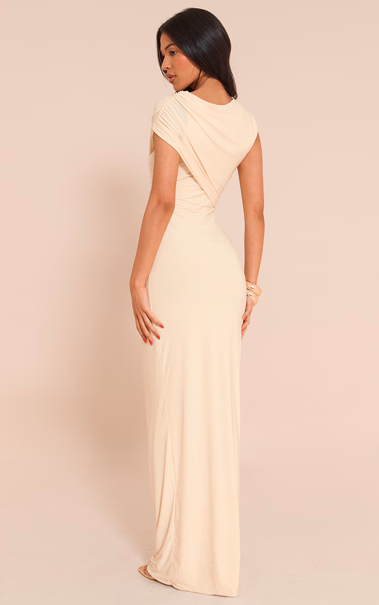 Tall Almond Double Layer Slinky Off Shoulder Drape Maxi Dress