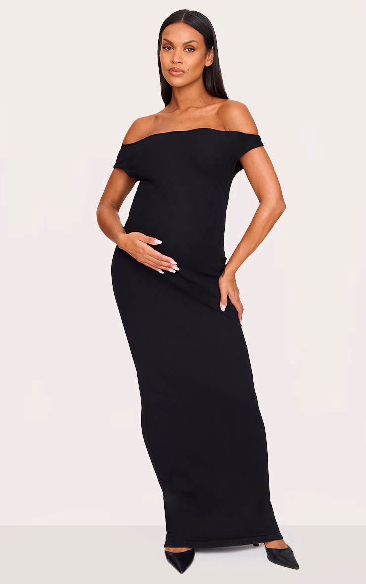 Maternity Black Bardot Ribbed Sleeveless Maxi Dress