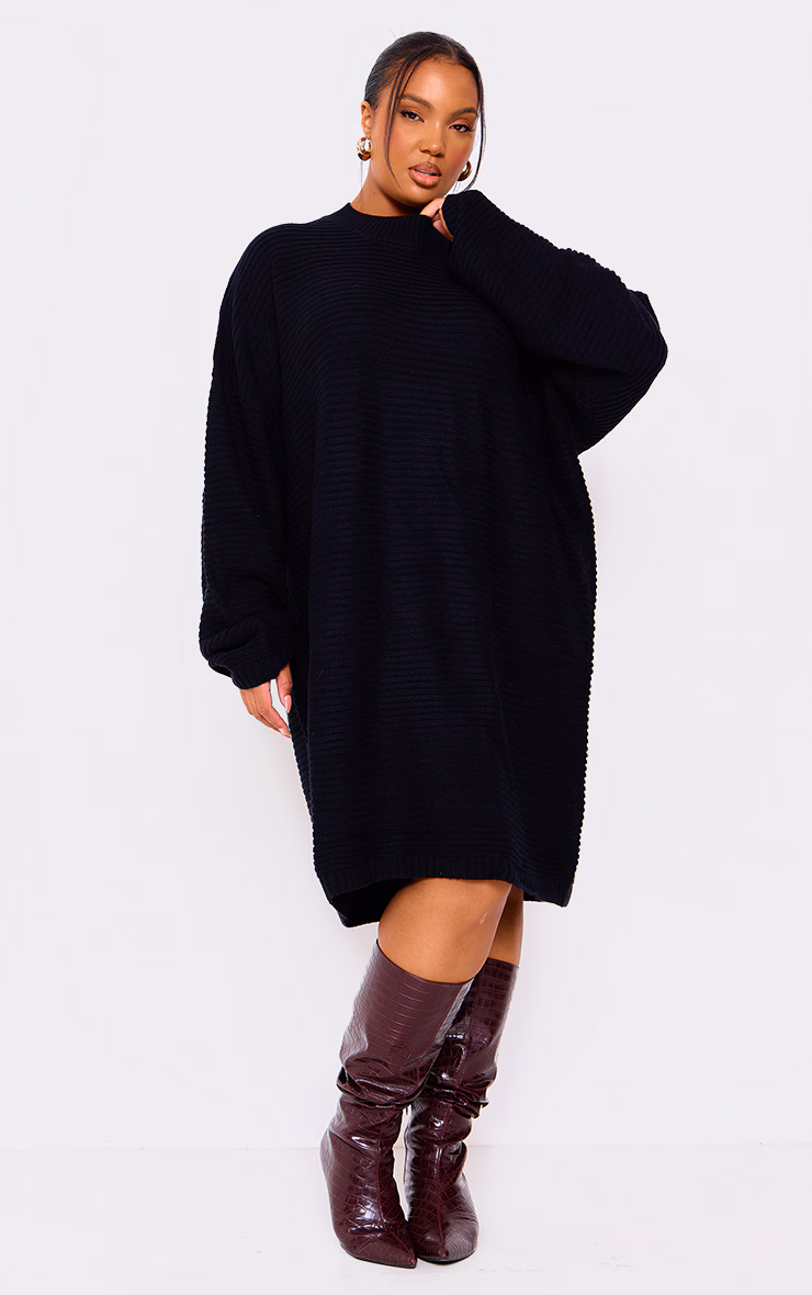Plus Black Knitted High Neck Rib Sweater Dress