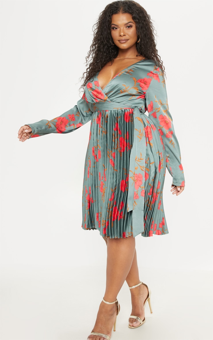 Plus Emerald Green Floral Print Long Sleeve Pleated Midi Dress
