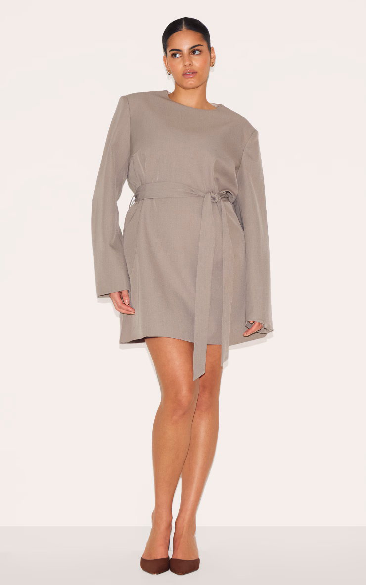 Plus Grey Tailored Belt Detail Long Sleeve Shift Dress