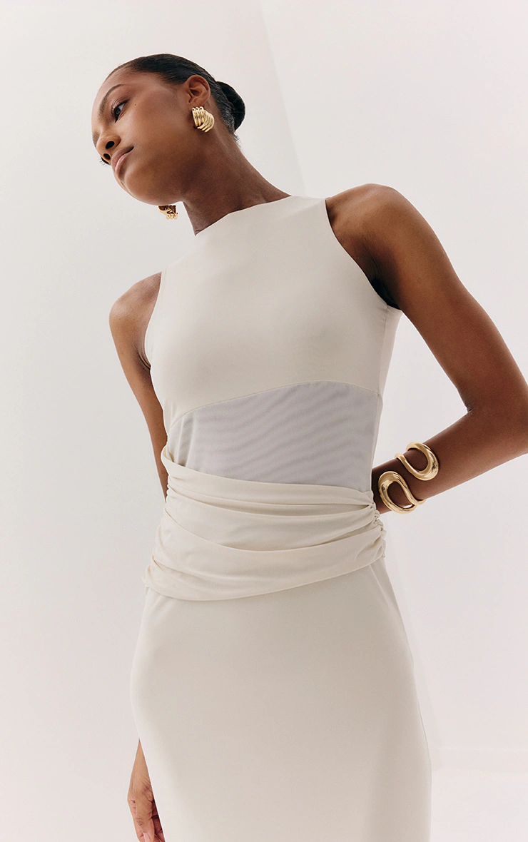 Almond Slinky Mesh Cut Out Maxi Dress