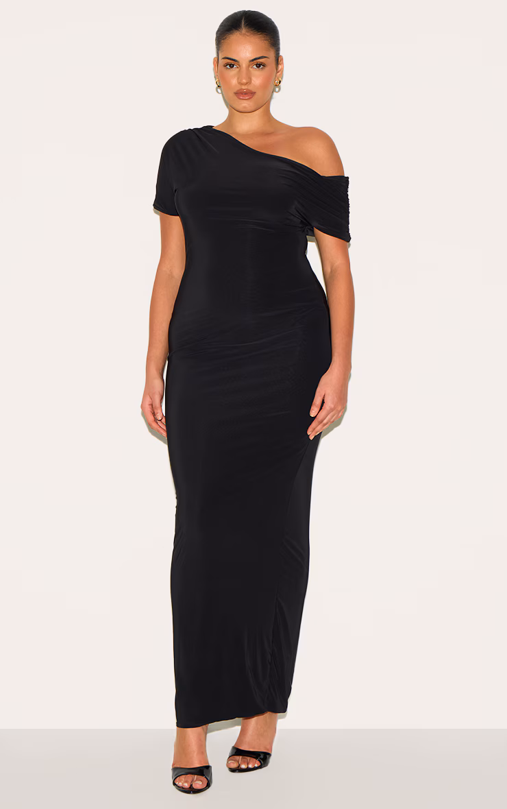 Plus Black Double Layer Slinky Asymmetric Ruched Sleeve Maxi Dress