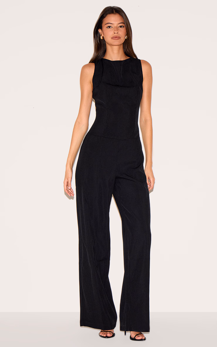 Black Structured Woven Open Back Detail Straight Leg Jumpsuit