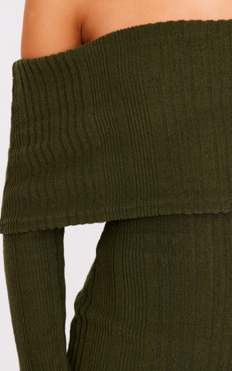 Green Brushed Rib Foldover Bardot Maxi Dress