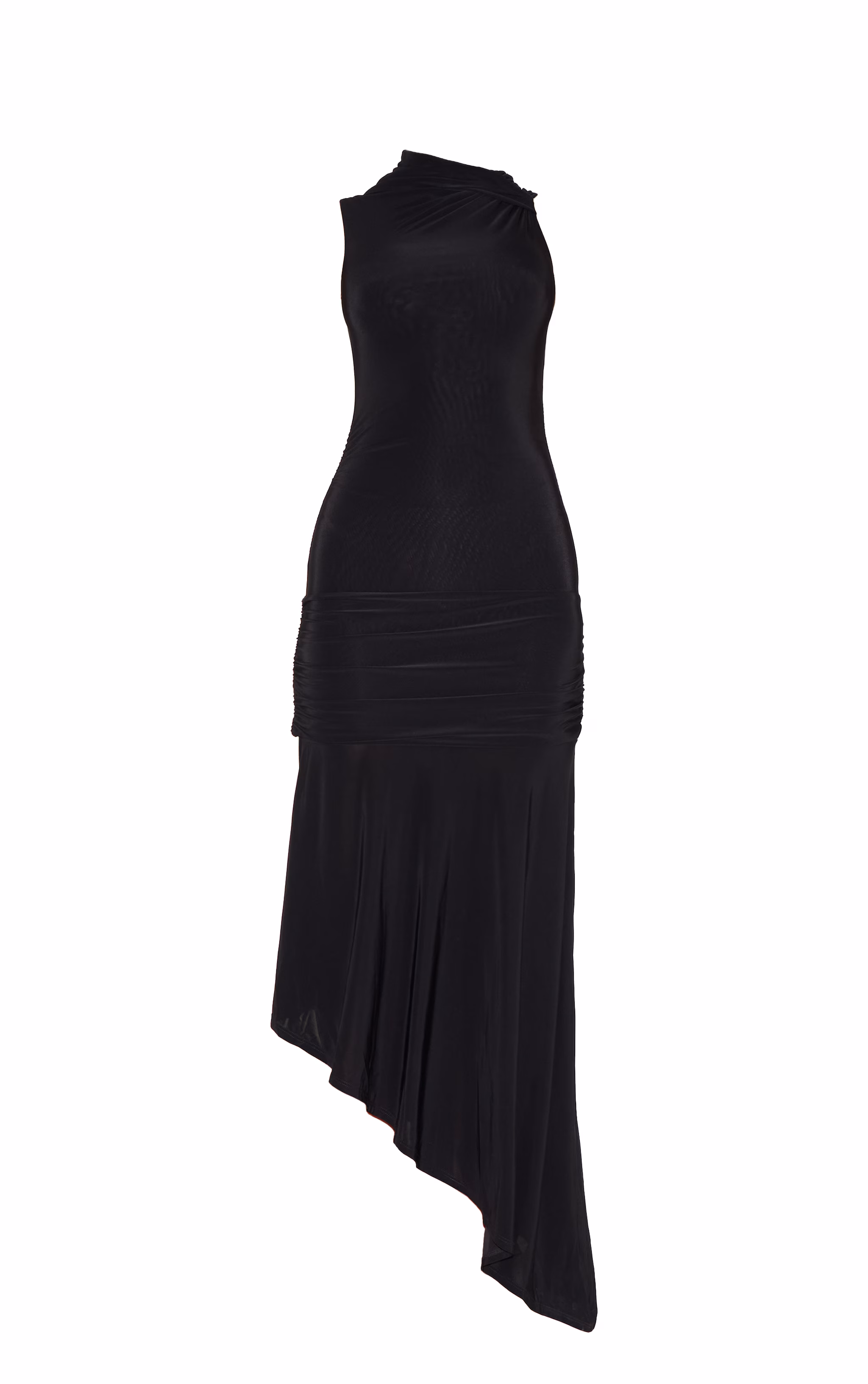 Black Double Layer Slinky Asymmetrical Ruched Midaxi Dress
