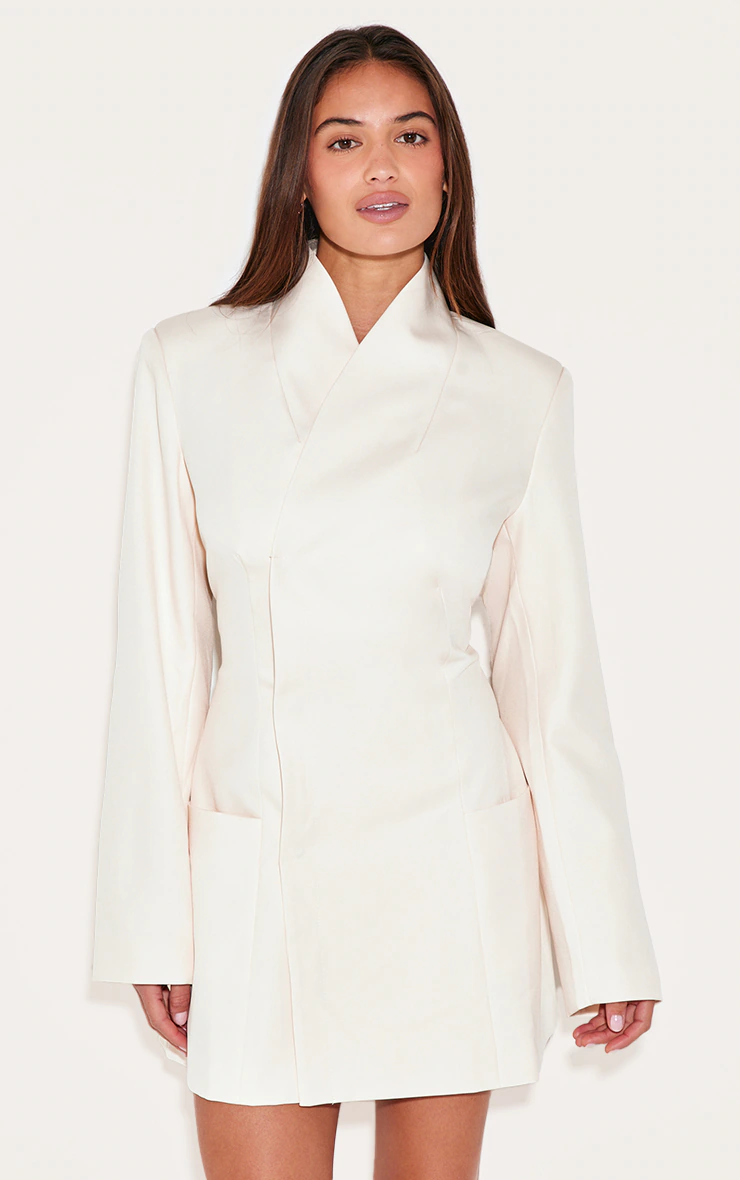 Cream Woven Collarless Blazer Dress