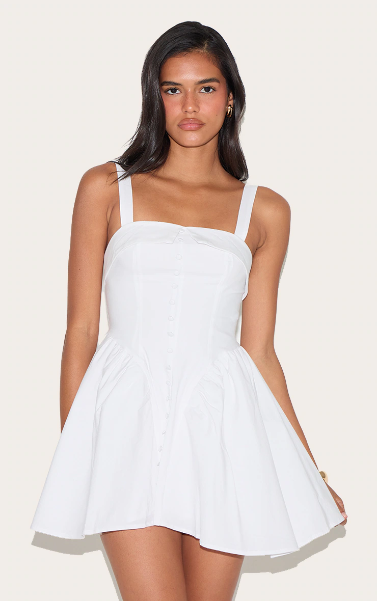 White V Waist Button Down Shift Dress