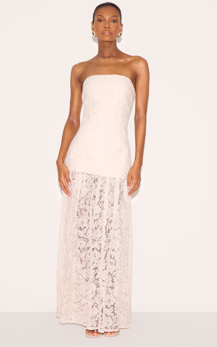 Cream Lace Sheer Skirt Panel Bandeau Midaxi Dress