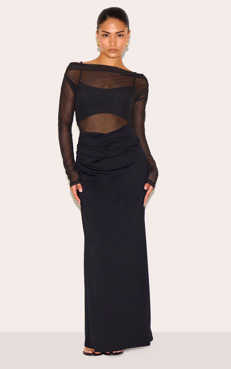 Petite Black Slinky Long Sleeve Maxi Dress With Mesh Details