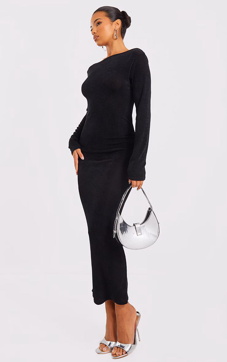 Black Acetate Slinky Long Sleeve Slash Neck Open Back Maxi Dress