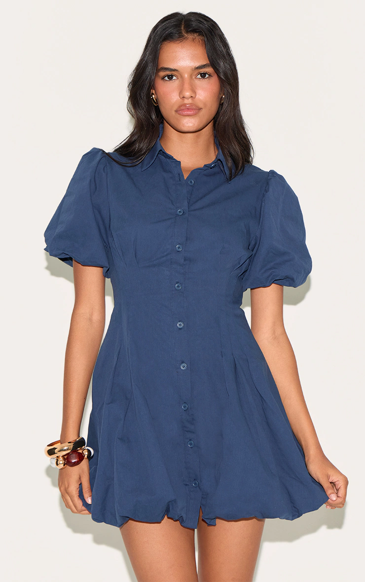 Navy Button Down Cinched Waist Shift Dress