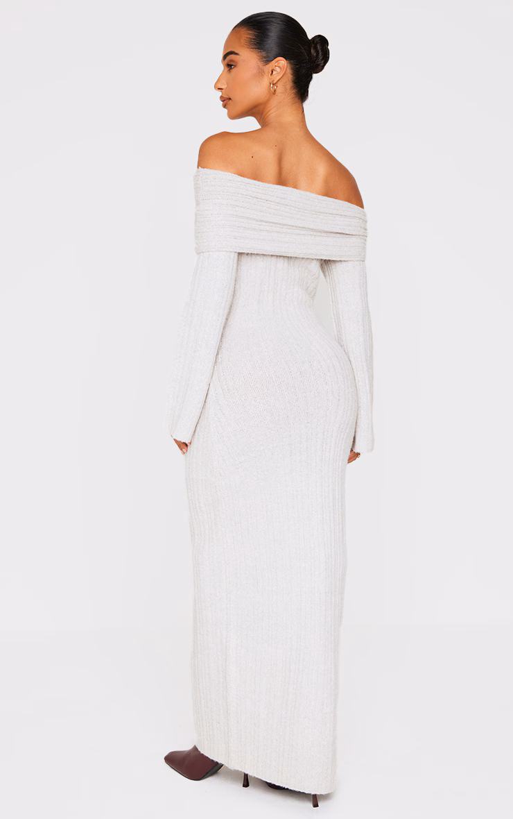 Petite Grey Rib Knitted Off The Shoulder Maxi Dress