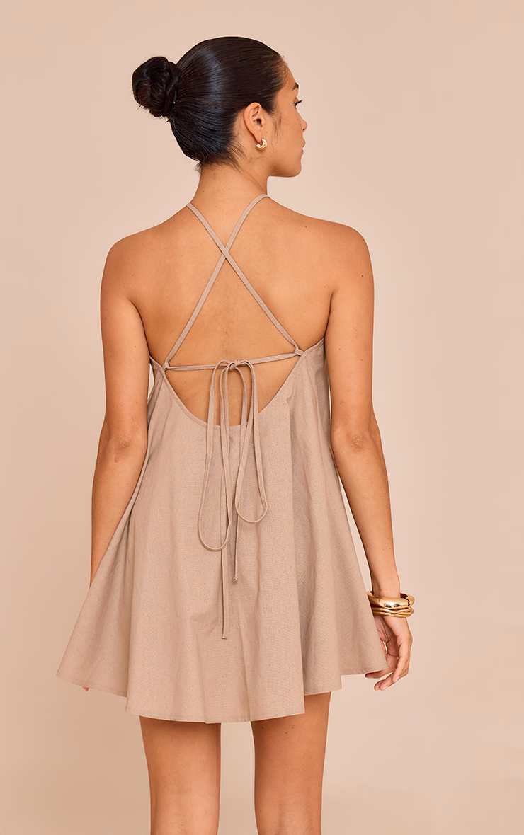 Petite Sand Linen Look Woven Halterneck Mini Dress
