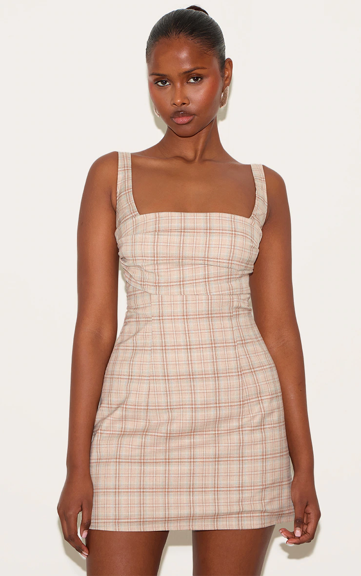 Beige Multi Checked Bodice A-line Dress