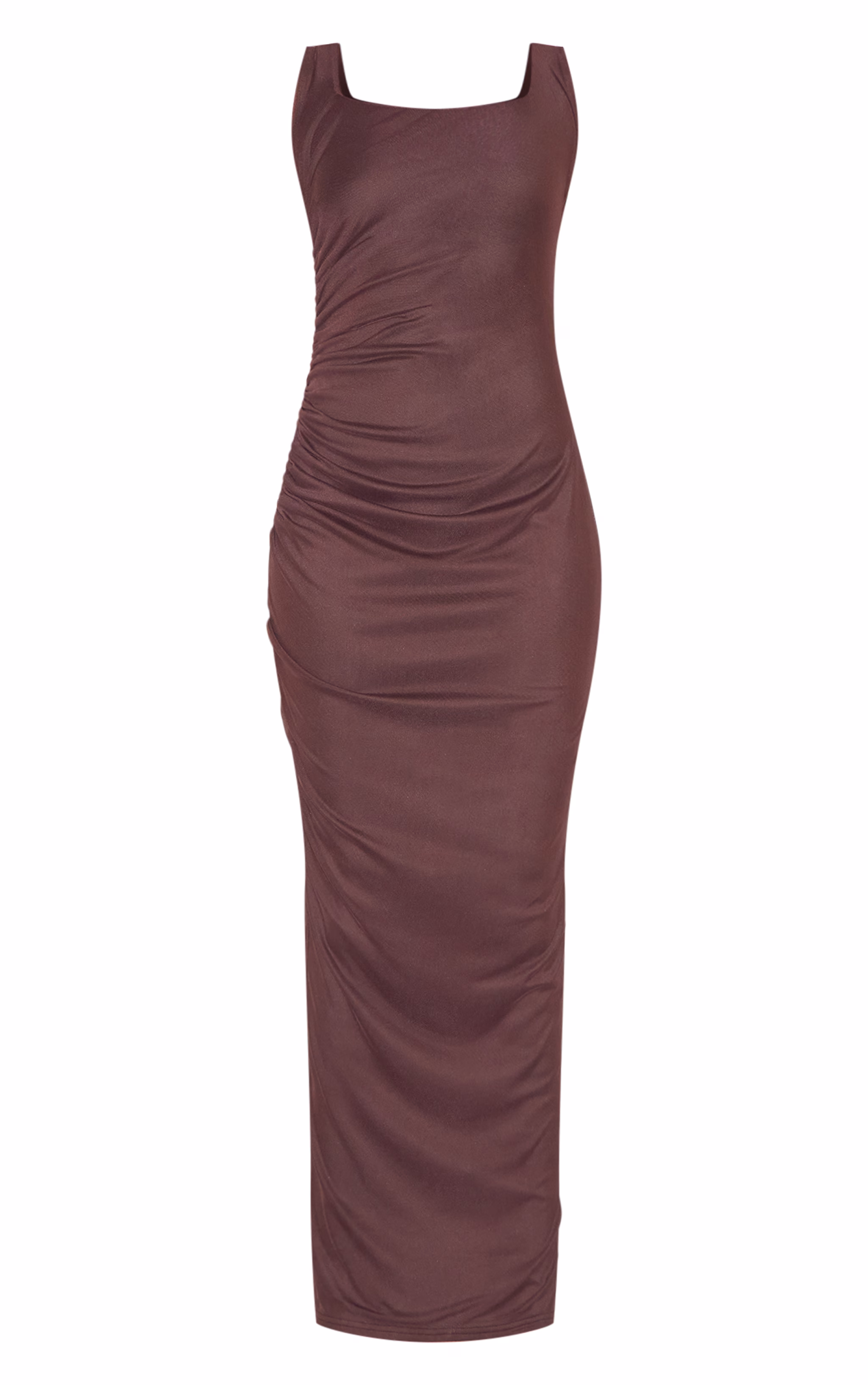 Dark Chocolate Double Layer Mesh Square Neck Ruched Midaxi Dress