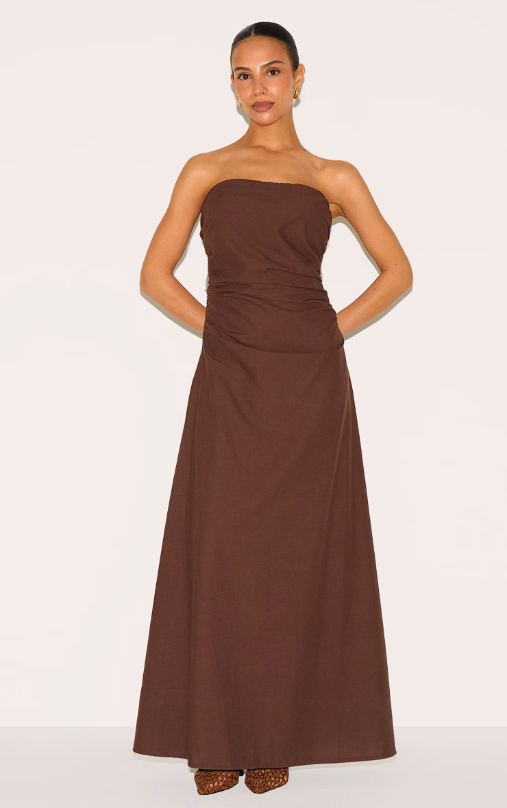 Petite Chocolate Linen Look Bandeau Maxi Dress