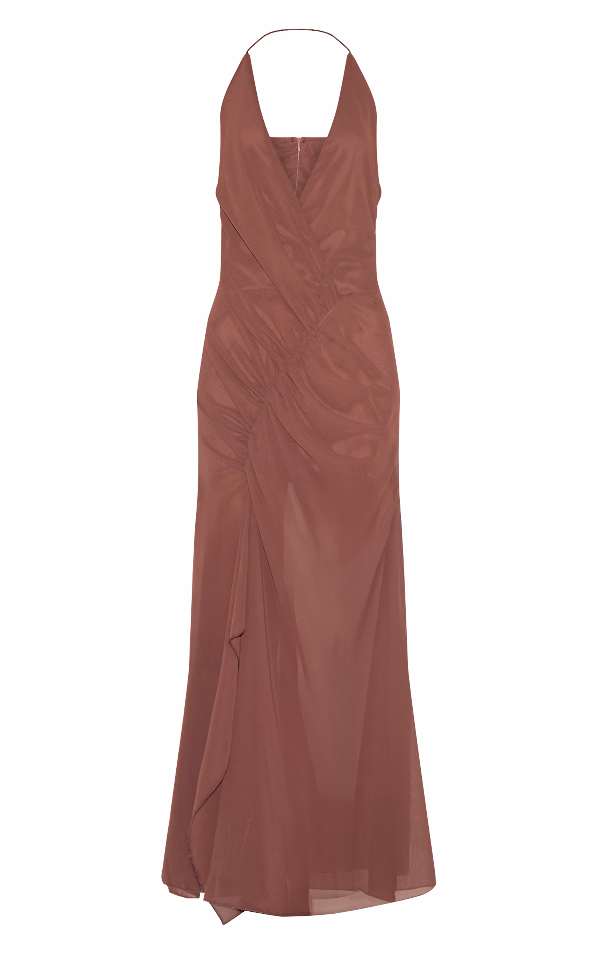 Chocolate Chiffon Asymmetric Ruched Maxi Dress