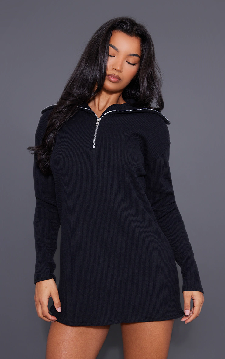 Black Rib High Neck Half Zip Oversized Sweater Dress