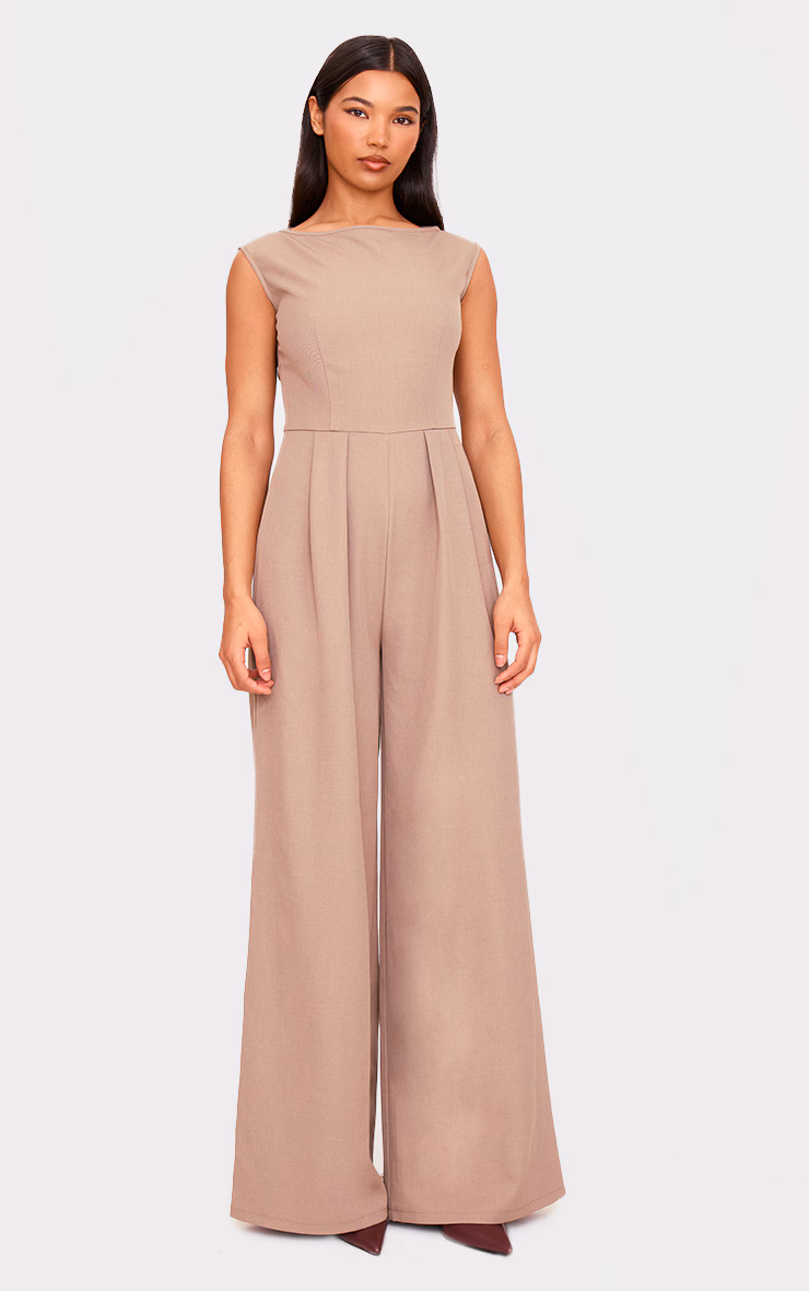 Stone Structured Woven Boat Neck Tailored Straight Leg Jumpsuit