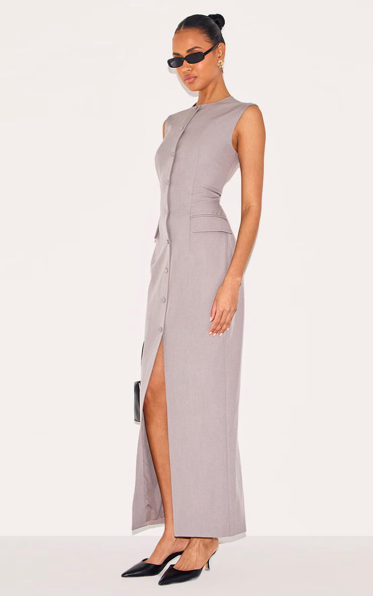 Grey Woven Button Maxi Dress