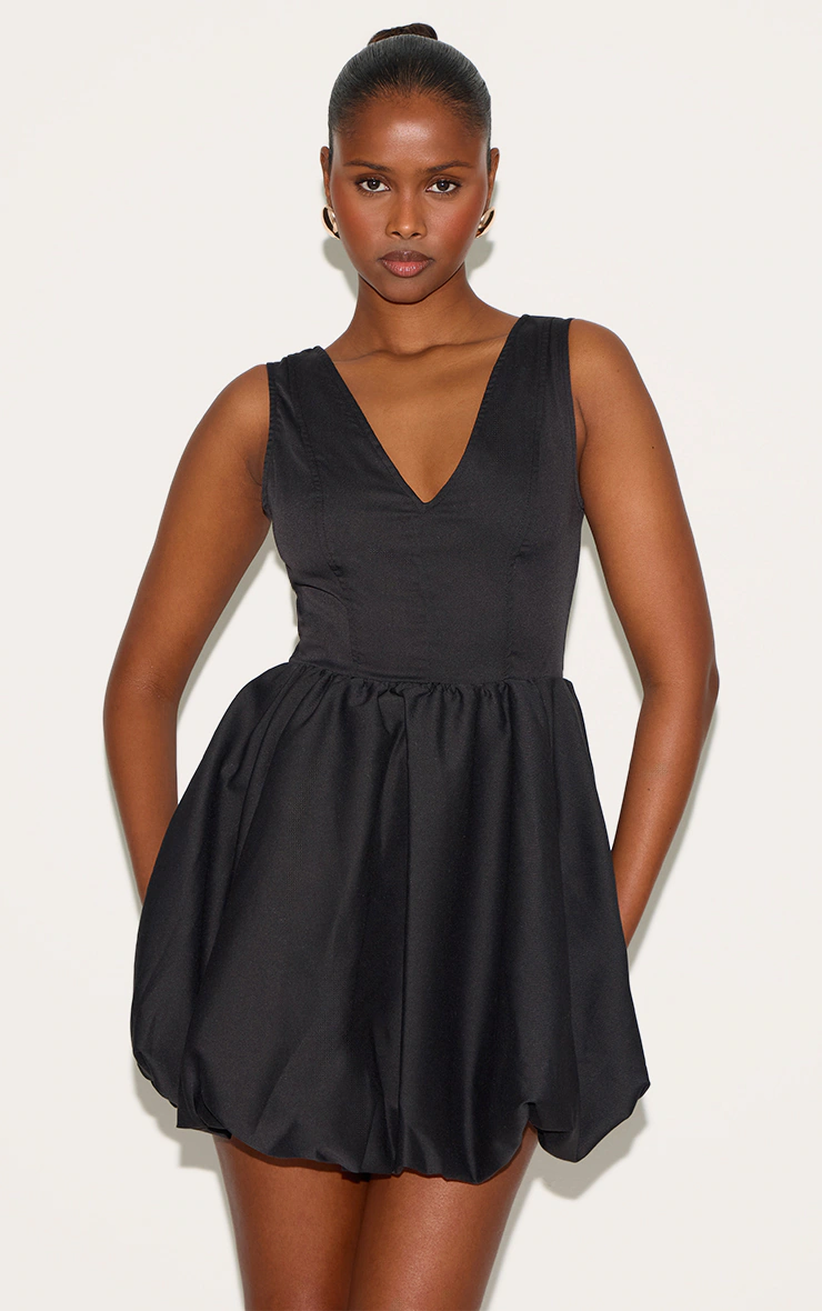 Black Tailored Woven V Neck Puffball Mini Dress