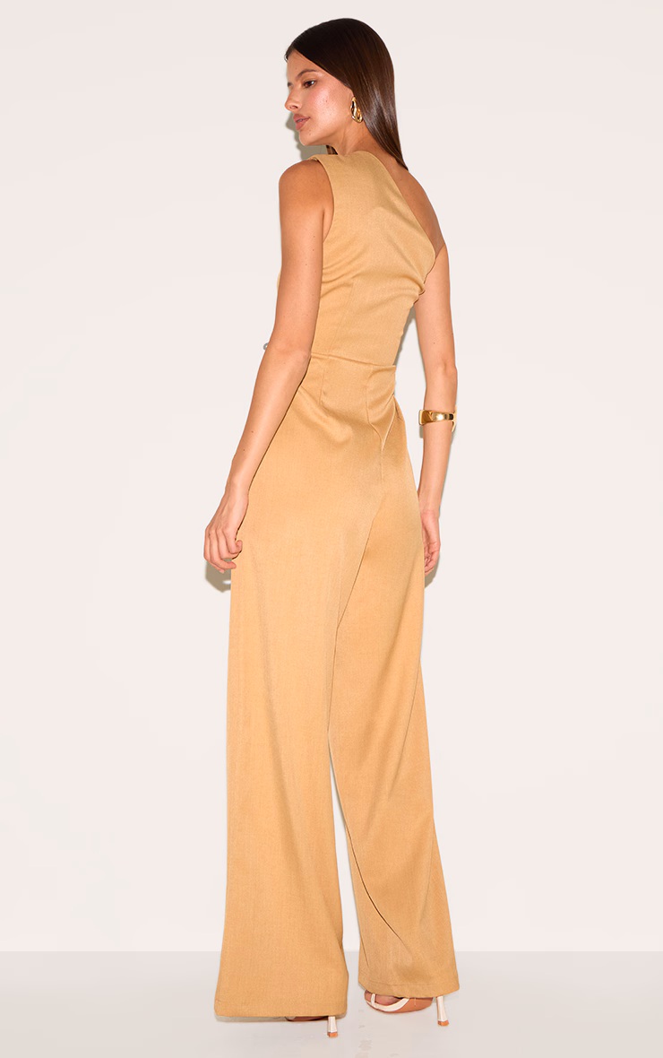 Sand Woven One Shoulder Wide Leg Jumpsuit
