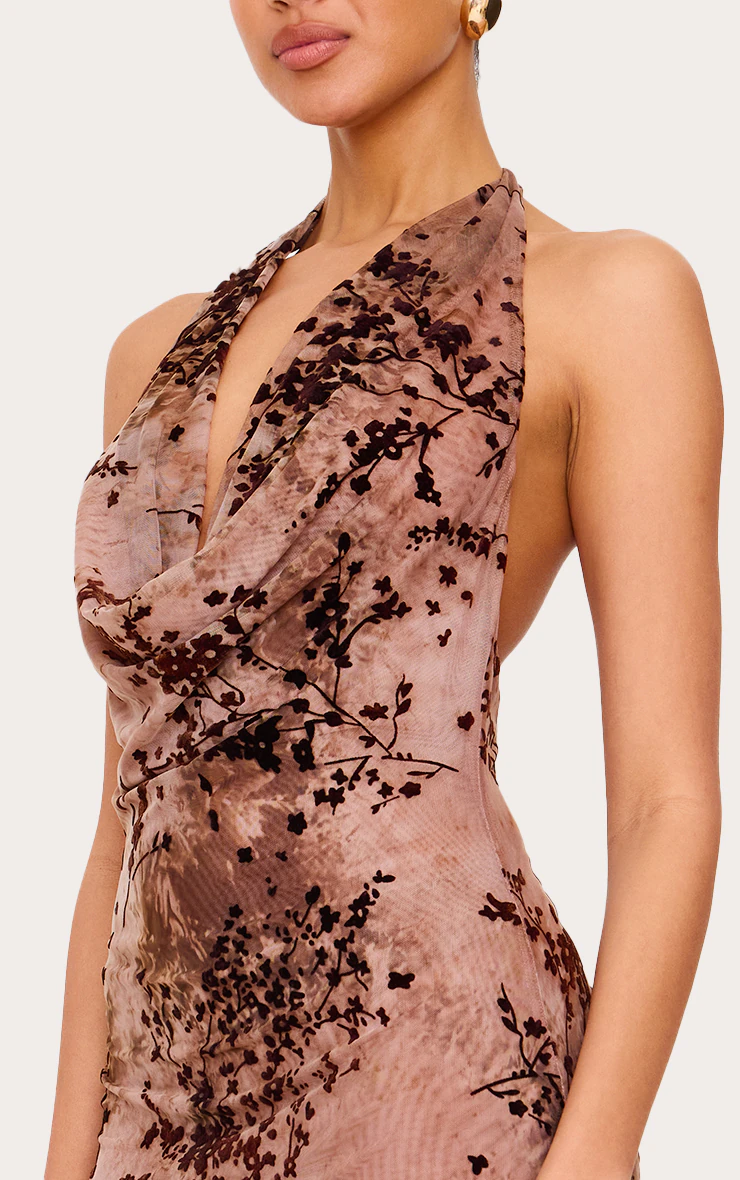 Brown Devore Cowl Neck Maxi Dress