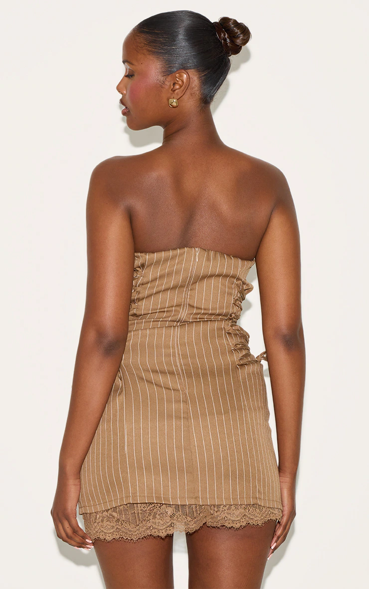 Chocolate Pinstripe Bandeau Lace Trim Shift Dress