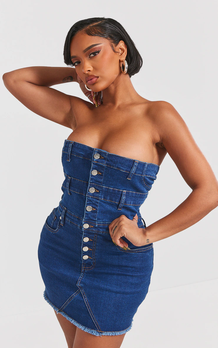 Shape Dark Blue Denim Button Front Bandeau Dress