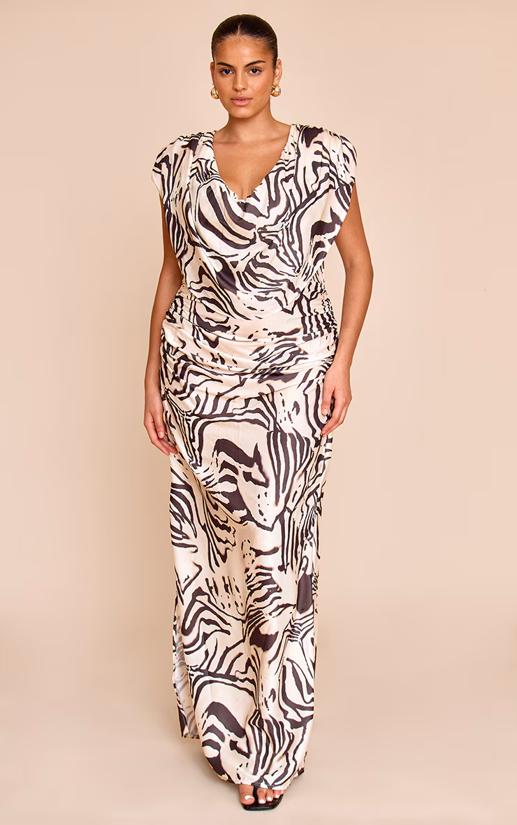 Plus Monochrome Printed Extreme Cowl Ruched Detail Maxi Dress