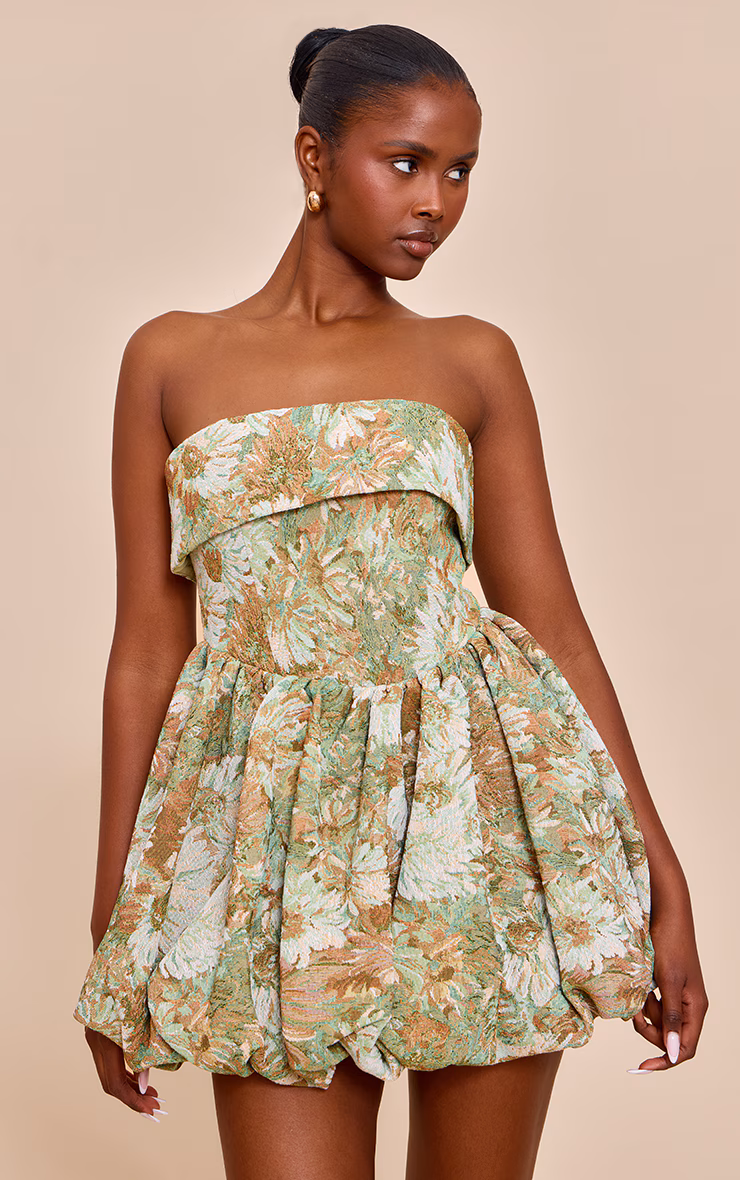 Sage Floral Tapestry Bandeau Extreme Puffball Dress