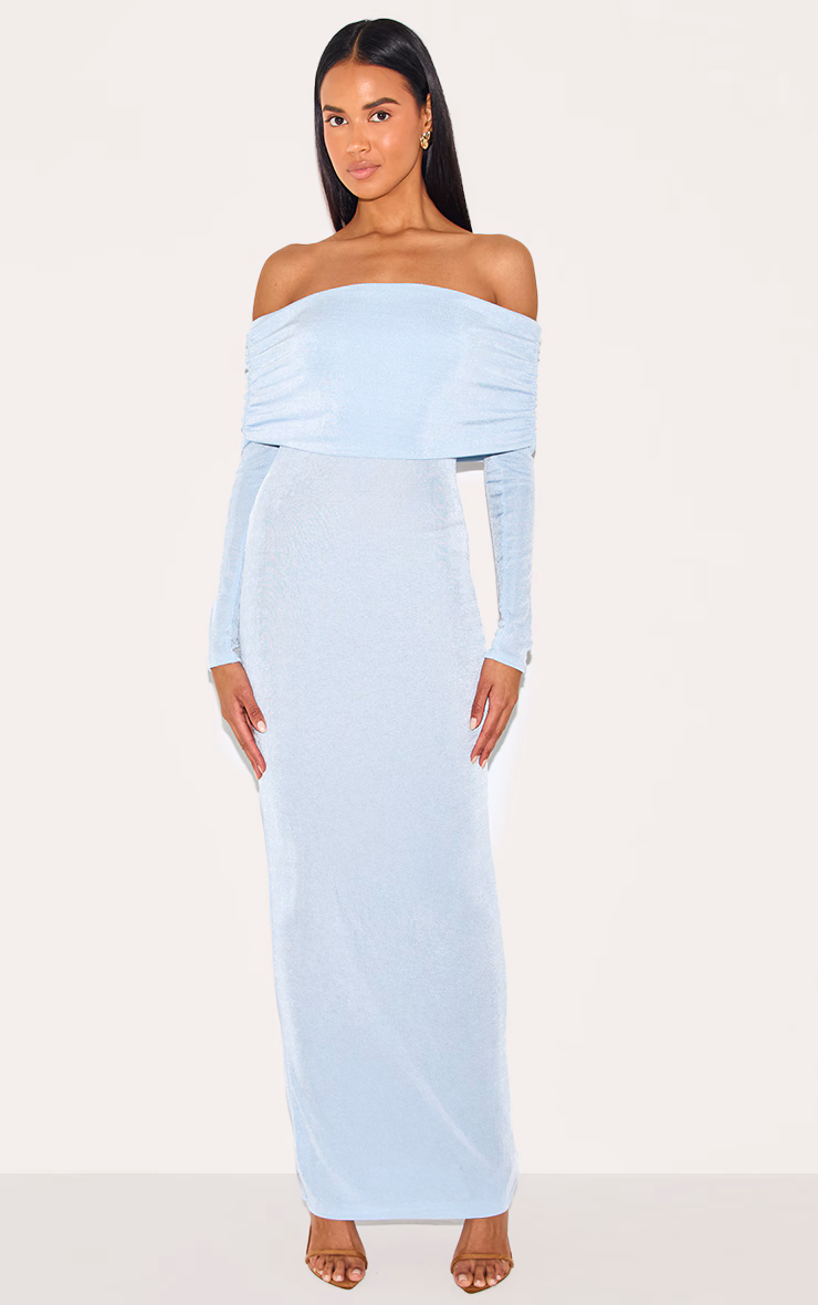 Light Blue Acetate Slinky Bardot Long Sleeve Maxi Dress