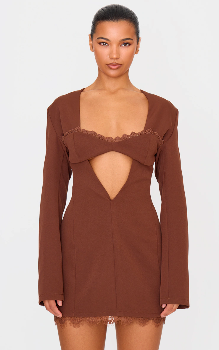 Chocolate Woven Lace Trim Detail Blazer Dress